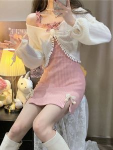 Spring & Fall Soft Girl Cute Bows Small Sling Short Dress Sweet Cardigan Outer Wear Pure Desire Style Two-piece Set Pack