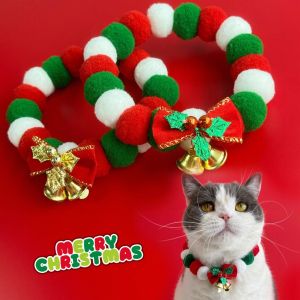 YESPERY Christmas Pet Collar Red Green Bobble Classic Bow Adjustable Necklace for Cats & Dogs Christmas Pet Dress up S/M/L/XL