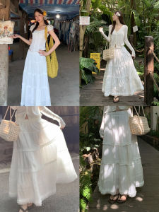 White A-line Midi Skirt Lace Cotton