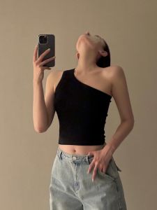 Slimming Design Asymmetric Crossbody Tank Top for Women Pure Color Cotton Work Clothing Short Sleeve Inside Outside Wear