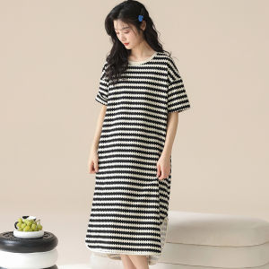 Miiow | Comfortable Breathable Womens Sleep Dress Loose Casual Spring Autumn Home Clothes Striped Long Skirt Set Sweet Cute Style