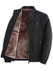 ROMON | Warm Fleece Lined Stand Collar Mens Jacket Business Workwear Cotton Coat For Middle Aged And Elderly Winter Outerwear