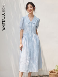 Blue A-Line Long Dress Womens Summer New Commute High Waist Bubble Sleeve Shirt Dress Slimming Korean Style Cotton 100%
