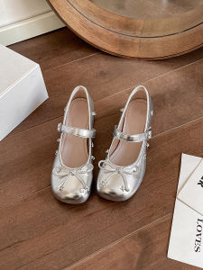 Silver Mary Jane Shoes Ballet Style Round Toe Bow French Heels