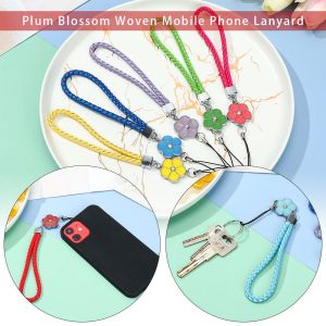 OWTWO Phone Case Hanging Cord Accessories PU Leather Four-leaf Plum Bossom Short Bracelet Plum Blossom Woven Mobile Phone Lanyard Anti-lost Lanyard Keychain Wrist Rope Phone Strap Lanyard