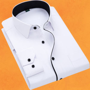 Fall Mens Clothing Inner Black Collar White Shirt Long Sleeves Professional Business Workwear Fat Man Plus Size Shirt with Pockets