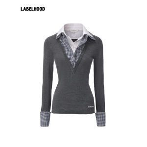 Layered Neck Long Sleeve Womens Knitted Top False Two-Piece