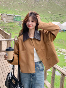 La Chapelle 2025 Autumn Brown Deer Suede Leather Jacket Womens Outerwear Korean Style Barn Wind Short Coat Commute Style