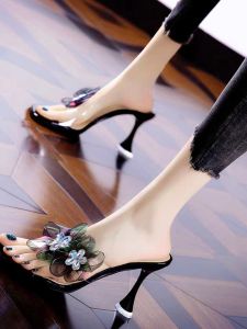 Womens Open-Toe Slippers Summer New High Heel Sandals Transparent Cross Band Cool Slippers Diamond Flower Decorated Stilettos