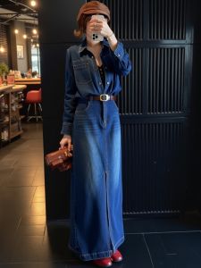 SHANGSHA | Elegant Blue Denim Dress