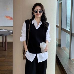 Womens Knitted Sweater Vest Shirt Two-Piece Set V-Neck Sleeveless Top Spring New Style Layering Jacket Pure Color Commute