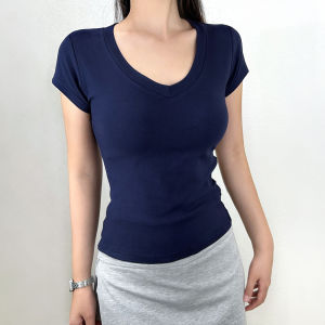 Slim Fit Short Sleeve T-Shirt Womens Summer V-neck Waist-cinching Base Layer Shirt Korean Style Commute Pure Color Casual