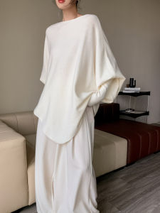 Áo Len Dệt Kim Tay Cánh Dơi Rộng Rãi Màu Trắng Đơn Giản Thường Ngày Không Đều Kiểu Pháp Cho Nữ