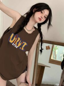 Pure Cotton Strapless Tank Top Womens Summer Outdoor American Retro Basketball Uniform Loose Neck Hanging Shirt Sleeveless