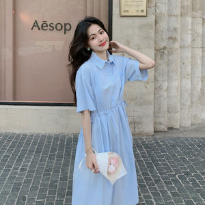 Blue Polo Collar Dress Womens Summer New Style French Waist Cinching Fashion Fresh Sweet Long Skirt High Waist A-Line Dress