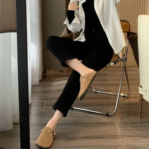 กางเกงยีนส์ทรงตรงเอวสูงบุขนแกะสีดำสำหรับผู้หญิง กางเกงขายาวทรงสลิมฟิตสำหรับผู้หญิง ฤดูใบไม้ร่วง/ฤดูหนาว กางเกงยีนส์ทรงตรง