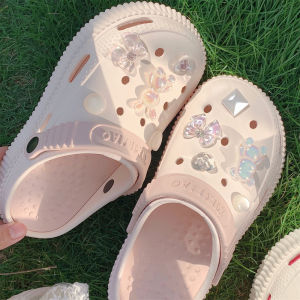 Thin Strips Fairy Style Young Adult Heart Crystal Rhinestone Hole Shoes Womens Summer Height Increasing Non-Slip Thick Bottom for Outdoors Beach Shoes