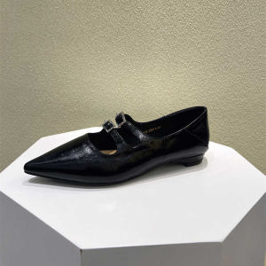 Low Heel Mary Janes Womens Shoes Spring 2025 Pointed Toe Flat Bottom Single Buckle Shallow Mouth European Goods Single Shoes