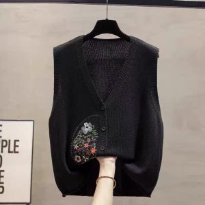 Áo Len Cardigan Dệt Kim Thêu Cotton Dáng Rộng Không Tay Cổ Chữ V Khóa Nút Mùa Xuân Thu Phong Cách Hàn Quốc Cho Nữ