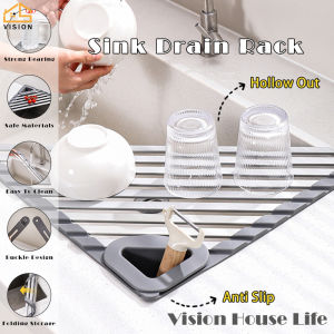 Vision Silicone Sink Drain Rack with Drain Basket Roll-Up Sink Dish Storage Rack Kitchen Folding Drying Mat Multipurpose Drainboard Water Filter