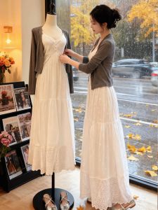 XUECAIQI | Korean Style Gray Cardigan with Lace Hollow-out Tank Dress Two-Piece Set