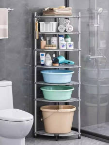 ตู้เก็บของในห้องน้ำแบบตั้งอยู่ในมุมห้อง จัดระเบียบและเก็บของได้ดี สไตล์เรียบง่าย อุปกรณ์ทำความสะอาดในครัวเรือน