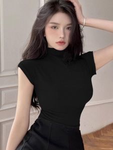 Áo Thun Nữ Cổ Cao Tay Ngắn Ôm Vừa Vặn Mùa Hè Thiết Kế Gợi Cảm Áo Lót Bó Eo Ngắn Gợi Cảm Thời Trang Công Sở Phong Cách Hàn Quốc