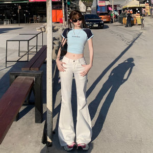 Quần Jeans Denim Ống Loe Màu Xanh Nhạt Phong Cách Mỹ Cạp Lows Co Giãn Không Dính Dài Đến Sàn Cho Nữ Quần Jeans Ống Loe Thời Trang Mùa Xuân 2025