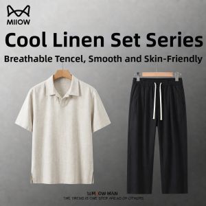 MiiOW | Summer Linen Set Short Sleeve Polo Shirt Wide Leg Trousers