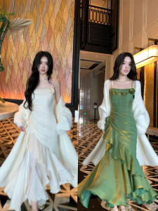 French Style Gentle Asymmetrical Fishtail Sling Dress Fancy Elegant Three-Dimensional Flower Accessible Luxury Formal Dress