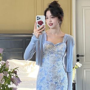 Ice Silk Knitted Sun-Proof Cardigan Womens Thin Short Summer Outer Long-Sleeves Blouse with Suspenders Waistcoat Jacket Tops