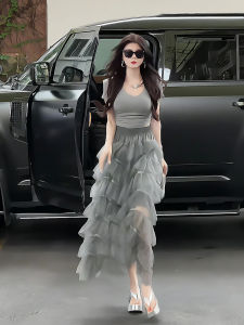 French Style Elastic Waist Mesh Half Skirt Womens Casual Fashion Summer New Mid-Length Skirt Versatile Cotton Blend Skirt