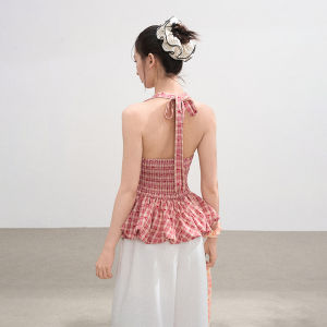 BAIDAIFEI | Pink Dots and Grid Halter Neck Vest Womens Summer Outwear Conceal Side Bust Enhance Back Beauty Sleeveless Top