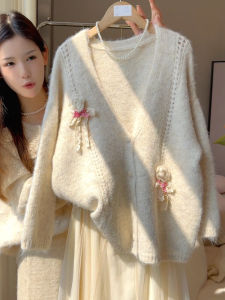 French Style Sweet Versatile Loose Fit Butterfly Knot Sweater Womens Soft Cozy Knitted Open Cardigan Lazy Style Knitwear