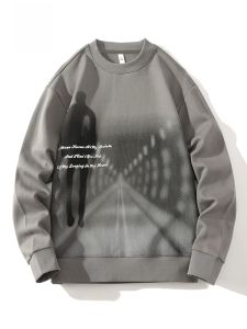 ROMON | Romon Mens Round Neck Sweatshirt Spring Autumn New Print Casual Loose Base Shirt Long Sleeve T-shirt Upper Body Fashion Urban Style