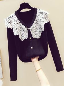 เสื้อสเวตเตอร์คอวีแขนยาวผู้หญิงสไตล์เกาหลี ผ้าฝ้ายผสม เสื้อคลุมกันหนาวบาง ลายลูกไม้ ทรงหลวม สไตล์ฤดูใบไม้ผลิ 2025