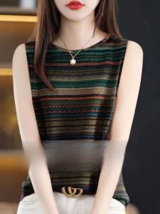 เสื้อกั๊กแขนกุดผ้าไหมน้ำแข็งหลวมๆ สำหรับผู้หญิงในช่วงฤดูร้อน เสื้อเชิ้ตคอตั้งพิมพ์ลายใหม่สำหรับใส่ด้านนอกและด้านใน