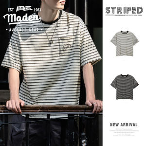 MADEN brand 2025 summer new knitted striped contrasting short sleeved T-shirt embroidered round neck casual half sleeve five quarter sleeve sea soul shirt for men