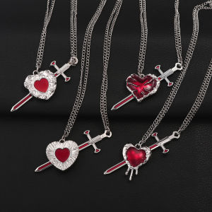 4Pcs Red Heart Sword Couple Chains Textured Bleeding Heart Alloy Pendants Fashion Costume Jewelry Romantic Valentine Gift Lovers