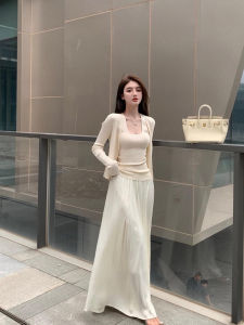 ชุดกระโปรงแฟชั่นบริสุทธิ์เสื้อกล้ามถักคอวีคล้องคอเสื้อคาร์ดิแกนกันแดดชุดสองชิ้นกระโปรงยาวเอวสูง