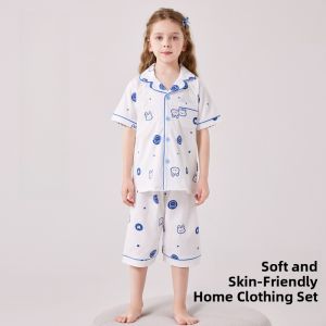 Miiow | Pure Cotton Childrens Sleepwear Short Sleeve Home Clothes Set For Boys And Girls Comfortable Breathable Moisture Wicking