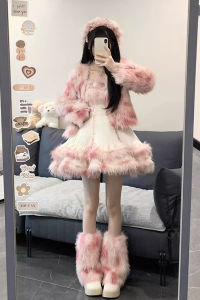 Christmas Themed Short Plush Jacket Versatile Lolita Style JSK Set Autumn Winter Fashion Sweet Sister Alluring Gradient Color