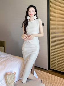 Happy Diva Ladies high-waisted tight-fitting sleeveless beige elegant evening formal graduation mid-length dress 30174