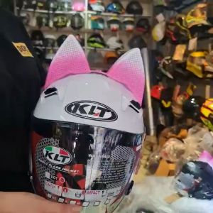 Combo Mũ bảo hiểm 3/4 KLT màu trắng bóng gắn tai mèo to hồng loang trắng