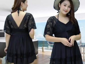 ชุดว่ายน้ำผู้หญิงแบบบวกคอกว้างลายลูกไม้พร้อมสายรัด สำหรับผู้หญิงขนาดใหญ่