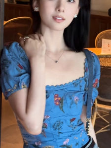 chaqi | Retro Floral Lace Square Collar Puff Sleeve Blouse