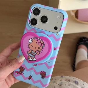 Sanrio | Luxury Ripple Pattern Black Hello Kitty Magnetic Stand Case For iphone 16 15 17 Pro Max Wireless Charge Cute Cartoon Phone Cover