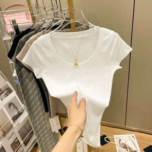 European Goods Pure Cotton White T-shirt Womens Short Sleeve Ins Trendy Summer New Arrival Western Style off-Shoulder Skinny Short Top T-shirt