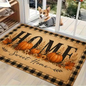 VIKAMA Home Sweet Home Pumpkin Door Mat Fall Plaid Print Non Slip Rug For Entryway Front Door Indoor Outdoor Thanksgiving Decor