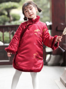 Thickened Winter Cotton Padded Cheongsam Dress for Girls Childrens Traditional Chinese New Year Clothes Middle-Length Skirt